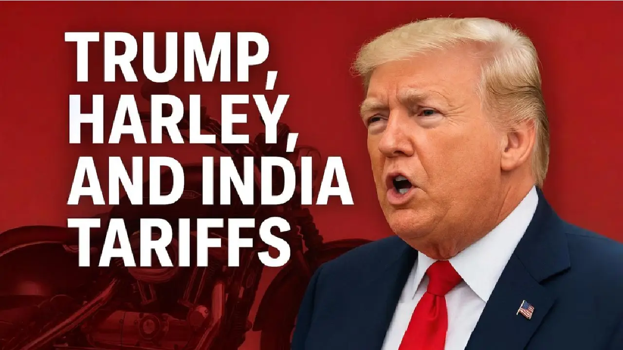 “Donald Trump with Harley-Davidson motorcycle, India-U.S. tariff dispute 2025”